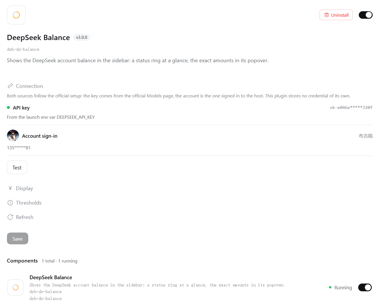 DeepSeek Balance details page: the four configuration groups below the description