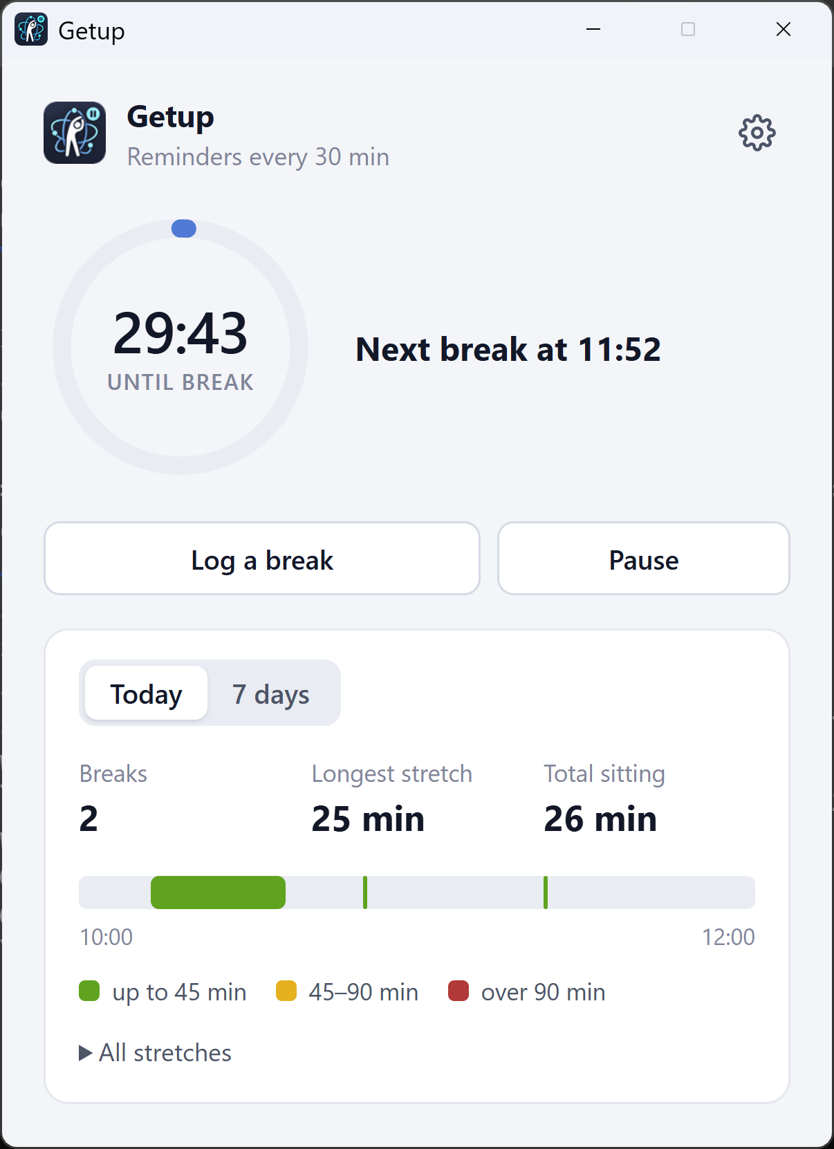 Getup main window: a countdown ring showing 29:43 until the next break, Log a break and Pause buttons, and today's stats with a timeline of sitting stretches