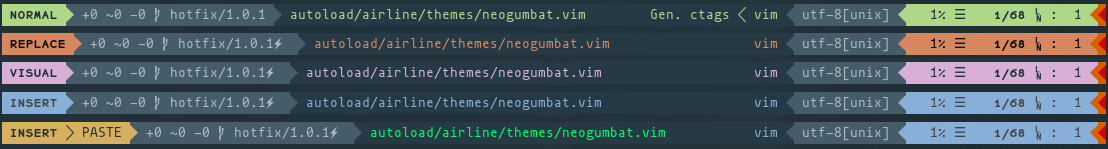 Preview showing Airline with the different colours used for each mode in Vim