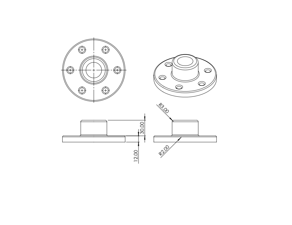 The exported PDF: front, top, right and isometric views of the flange at 1:2 with dimensions