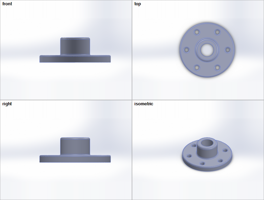 sw_view: the flange from front, top, right and isometric on one picture