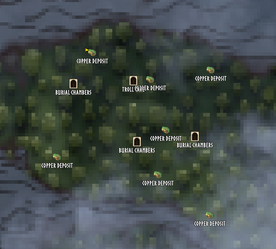 Copper deposits and dungeon entrances pinned on the large map