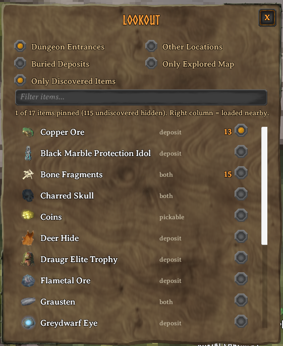 The Lookout panel: category switches, filter, and per-item toggles with nearby counts