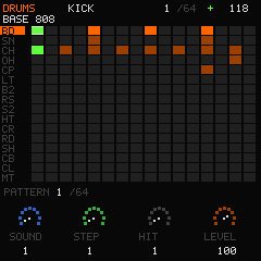 MC-1 drum screen: a 16-lane step grid for the BASE 808 kit above four dials labelled sound, step, hit and level