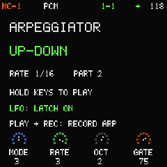 MC-1 arpeggiator mode, rate, octave and gate controls