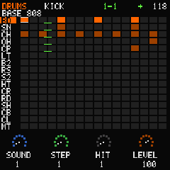 MC-1 drum grid with the selected kit, lane and hits