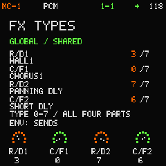 MC-1 FX TYPES page selecting the four shared bank algorithms