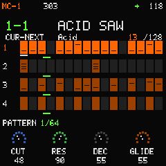 MC-1 home: four pattern rows, note pitches and playback cursor