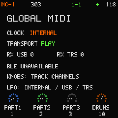 MC-1 MIDI page with channels, clock source and connection status