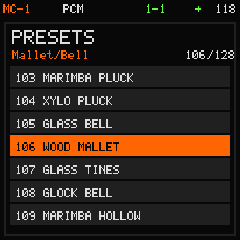 MC-1 preset browser with sound names and category