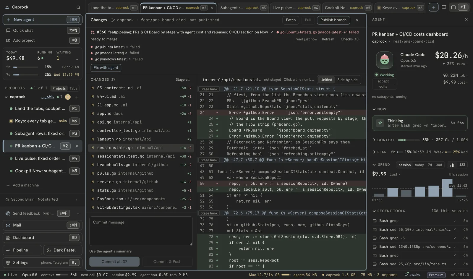 The Changes view on a feature branch: the pull request with its three failed Go checks and Fix with agent, the changed files, a diff, and Commit all and Commit and Push