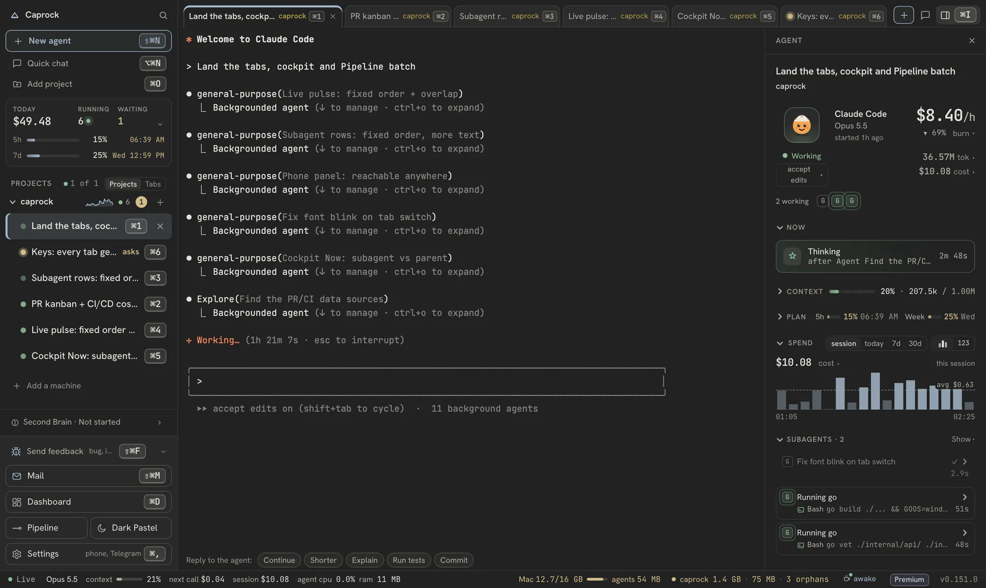 The Caprock app: six Claude Code sessions in tabs and in the sidebar, one of them waiting on you; the one in front runs background agents, and on the right are its cost per hour, context, plan limits, spend chart and running subagents