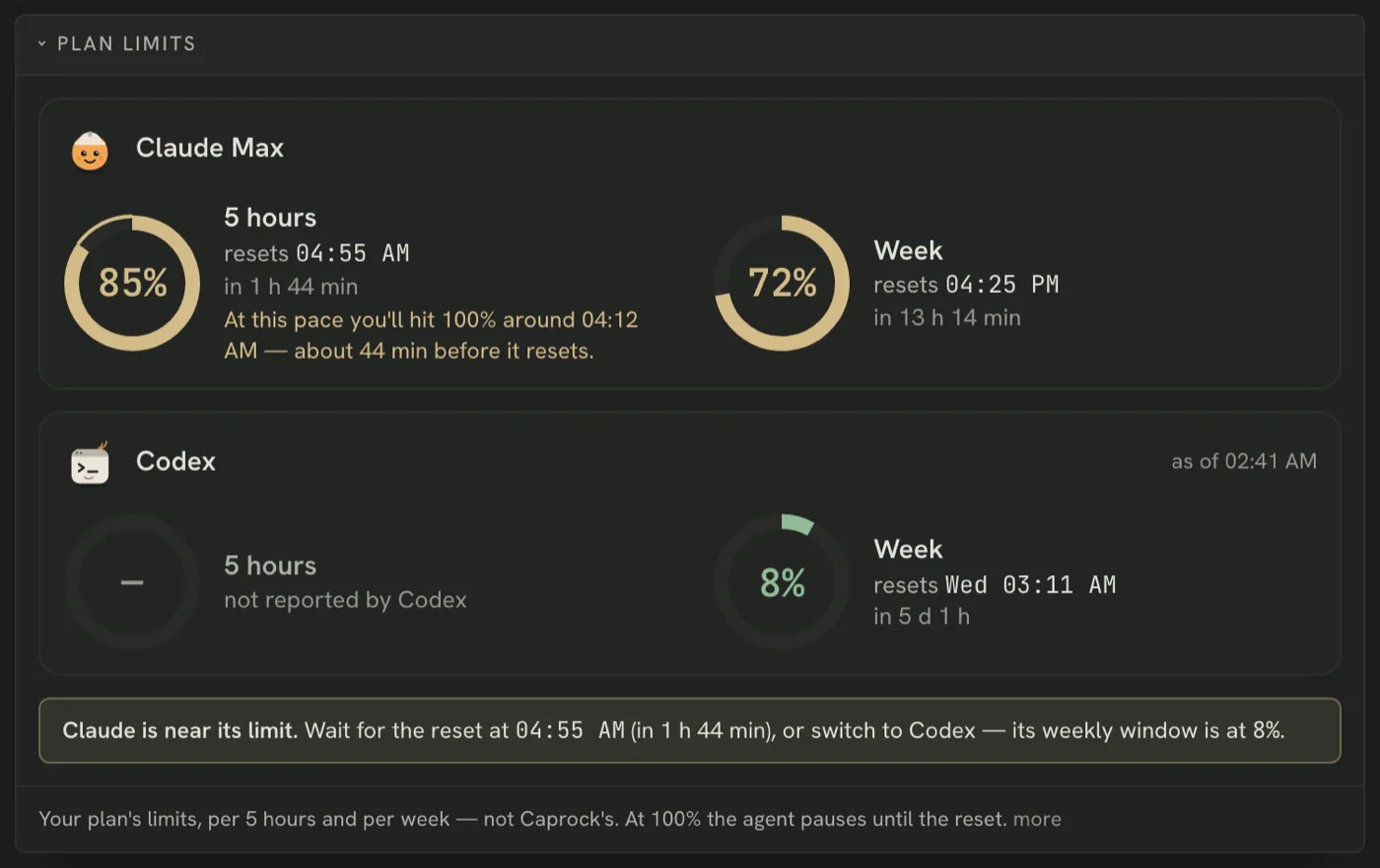 Plan limits: Claude's 5-hour window at 85% with the time it will run out, the weekly window at 72%, Codex's weekly window at 8%, and a note suggesting Codex until Claude resets