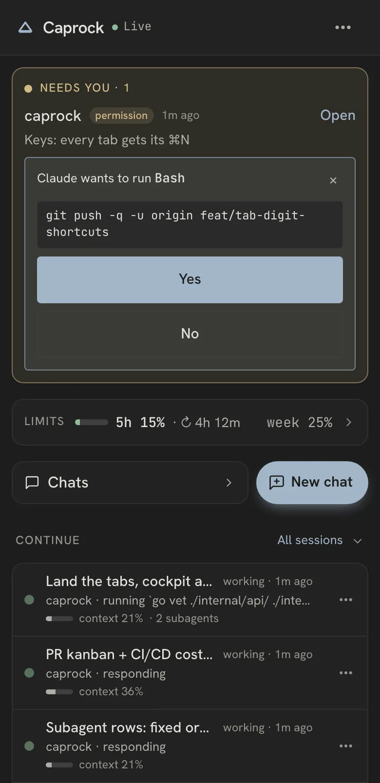 Caprock on a phone: a session waiting on you with Yes and No for the command it wants to run, and the sessions to continue