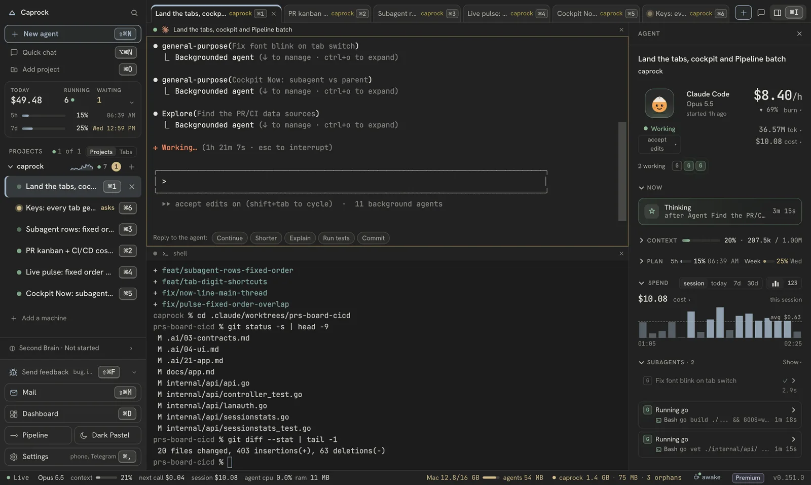 An agent's terminal above a shell open in a git worktree of the same project, with the agent panel on the right