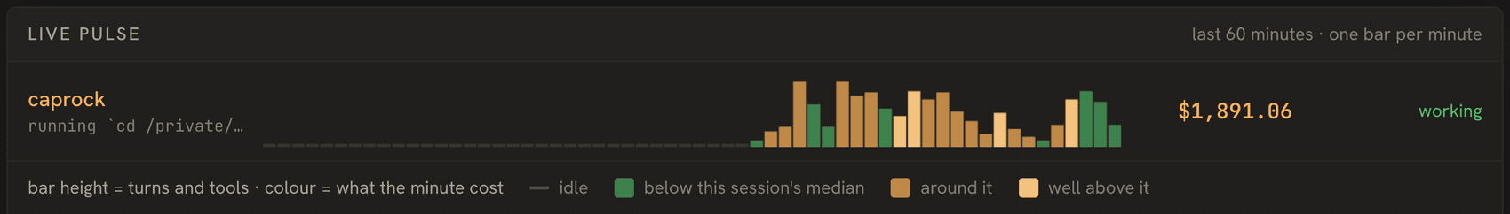 The live pulse: one bar per minute, coloured by what the minute cost