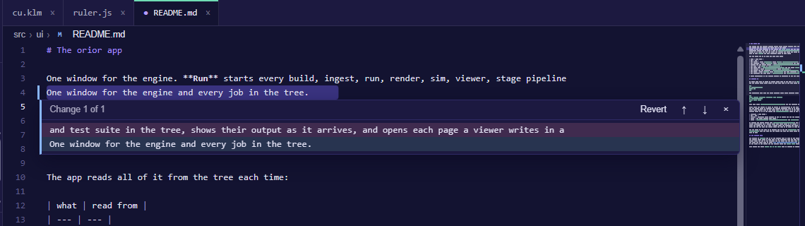 A changed line open under its gutter mark: the line the last commit had, the line there now, and Revert