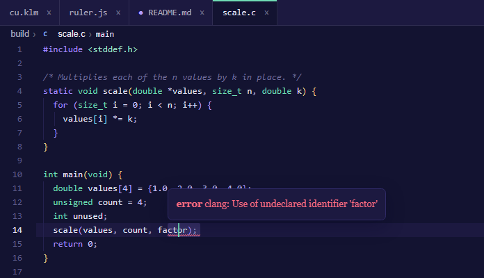 A C file with factor not declared: a red wave under it, and the hover saying what clangd found