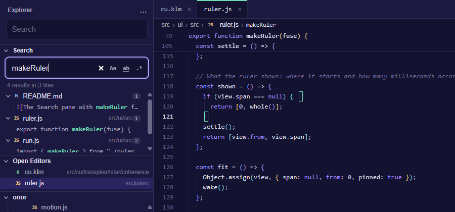 The Search pane with makeRuler found four times in three files, beside the file it opened
