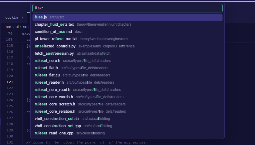 Go to File with fuse typed, fuse.js first and the letters each name matched marked
