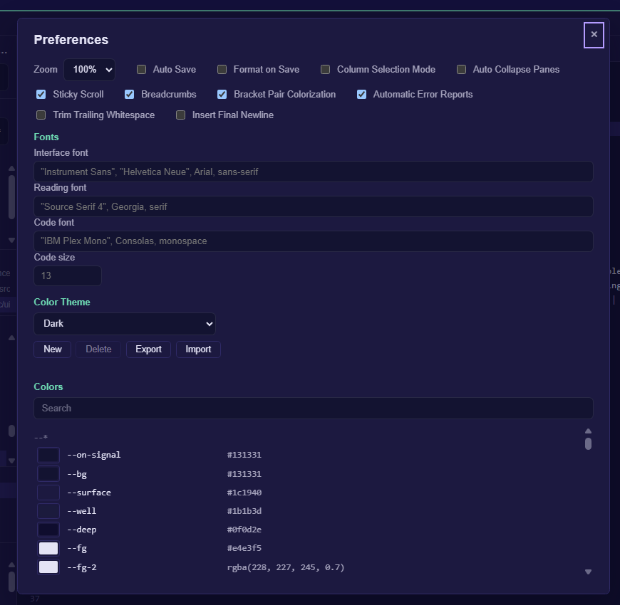 Preferences: the settings, the color theme and its palette