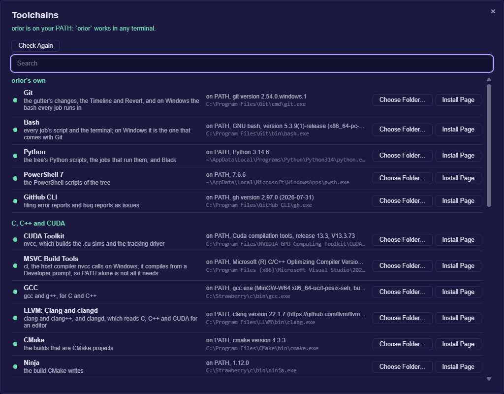 File, Toolchains: Git, Bash, Python, PowerShell and the GitHub CLI, then the C, C++ and CUDA compilers, each found on PATH with its version and its folder