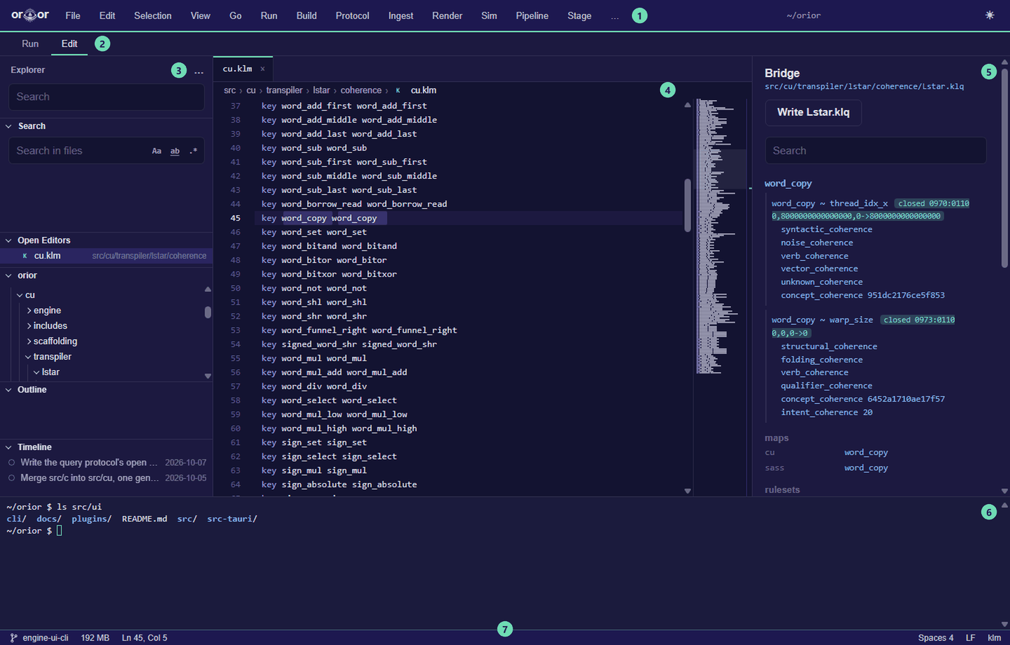 The Edit view with a coherence file open, the bridge beside it and the terminal under it, each part numbered as in the table