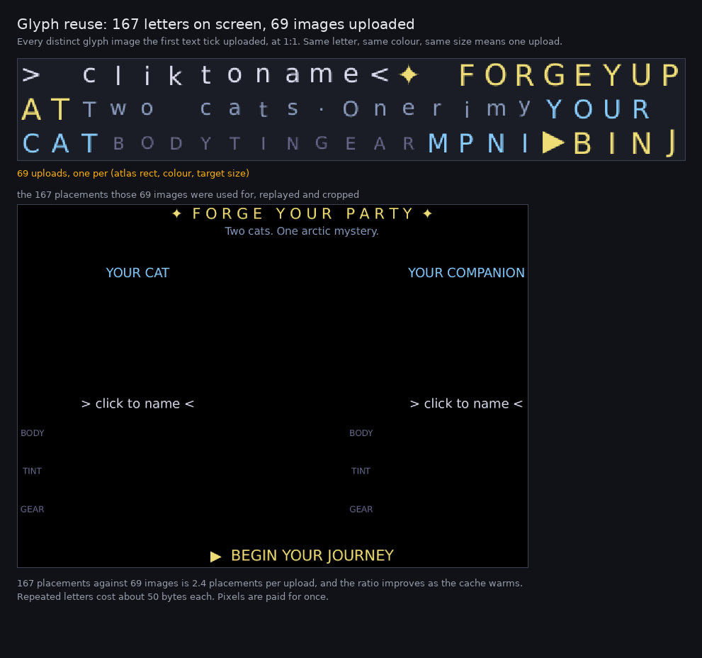 Top: a contact sheet of 69 individual letter images at actual size, a mixture of white, blue and yellow characters, with obvious repeats absent. Bottom: the game’s character-select screen reconstructed from placements of those same 69 images, reading “FORGE YOUR PARTY”, “Two cats. One arctic mystery.”, “YOUR CAT”, “YOUR COMPANION”, and “BEGIN YOUR JOURNEY”.