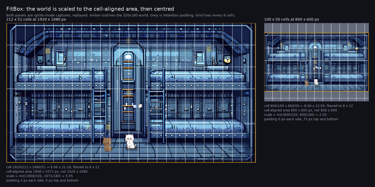 Two captured runs side by side. The left panel is a wide 212 by 51 terminal where the game fills the whole area with only a 2 pixel margin at each side. The right panel is a squarer 100 by 50 terminal where the game occupies a horizontal band with thick grey bars above and below. Both have an amber outline around the game world and a sparse white grid showing terminal cells.