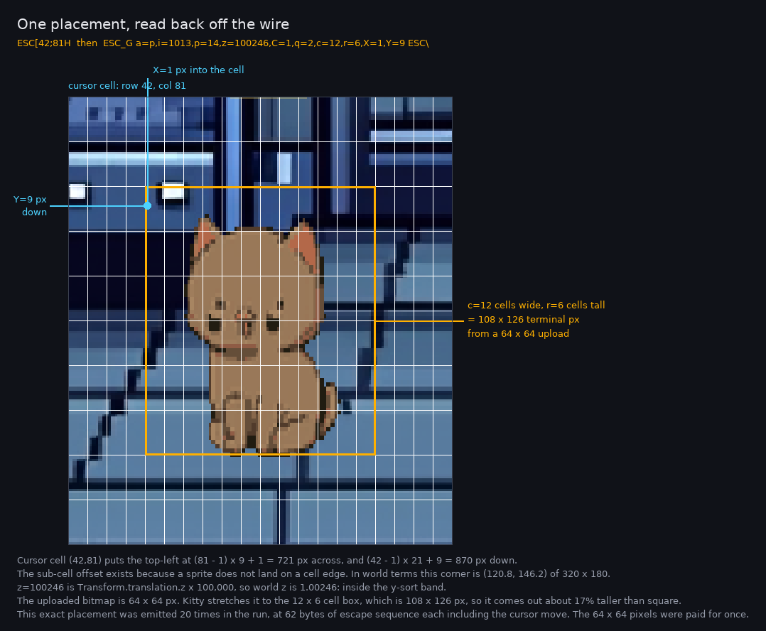 The cat from the capture, enlarged three times, on a grid of terminal cells. An amber rectangle 12 cells wide and 6 cells tall surrounds it, labelled as 108 by 126 terminal pixels from a 64 by 64 upload. Cyan leader lines run out to the margins marking the cursor cell at row 42 column 81, and the sub-cell offset of 1 pixel across and 9 pixels down into that cell.