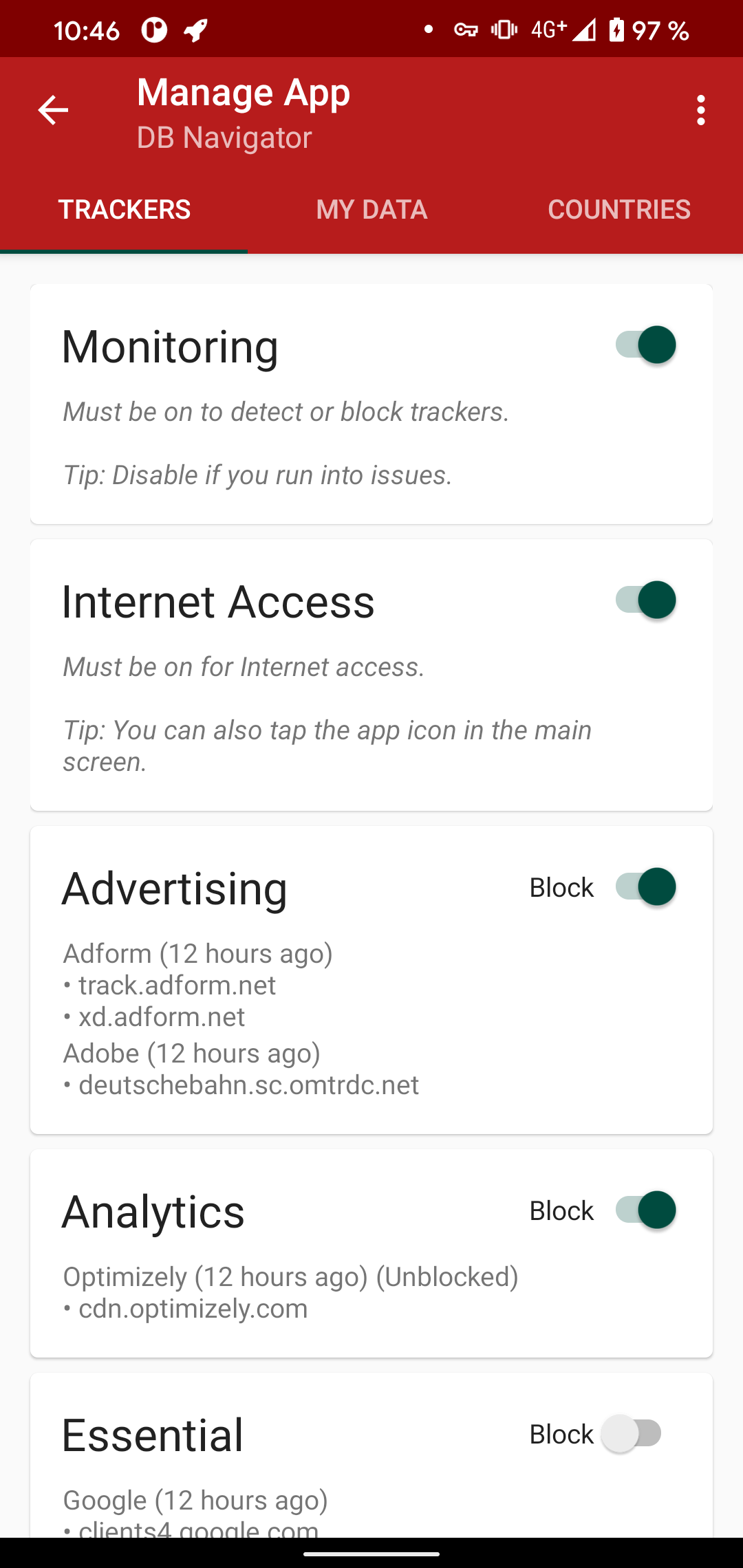 Screenshot of trackers details