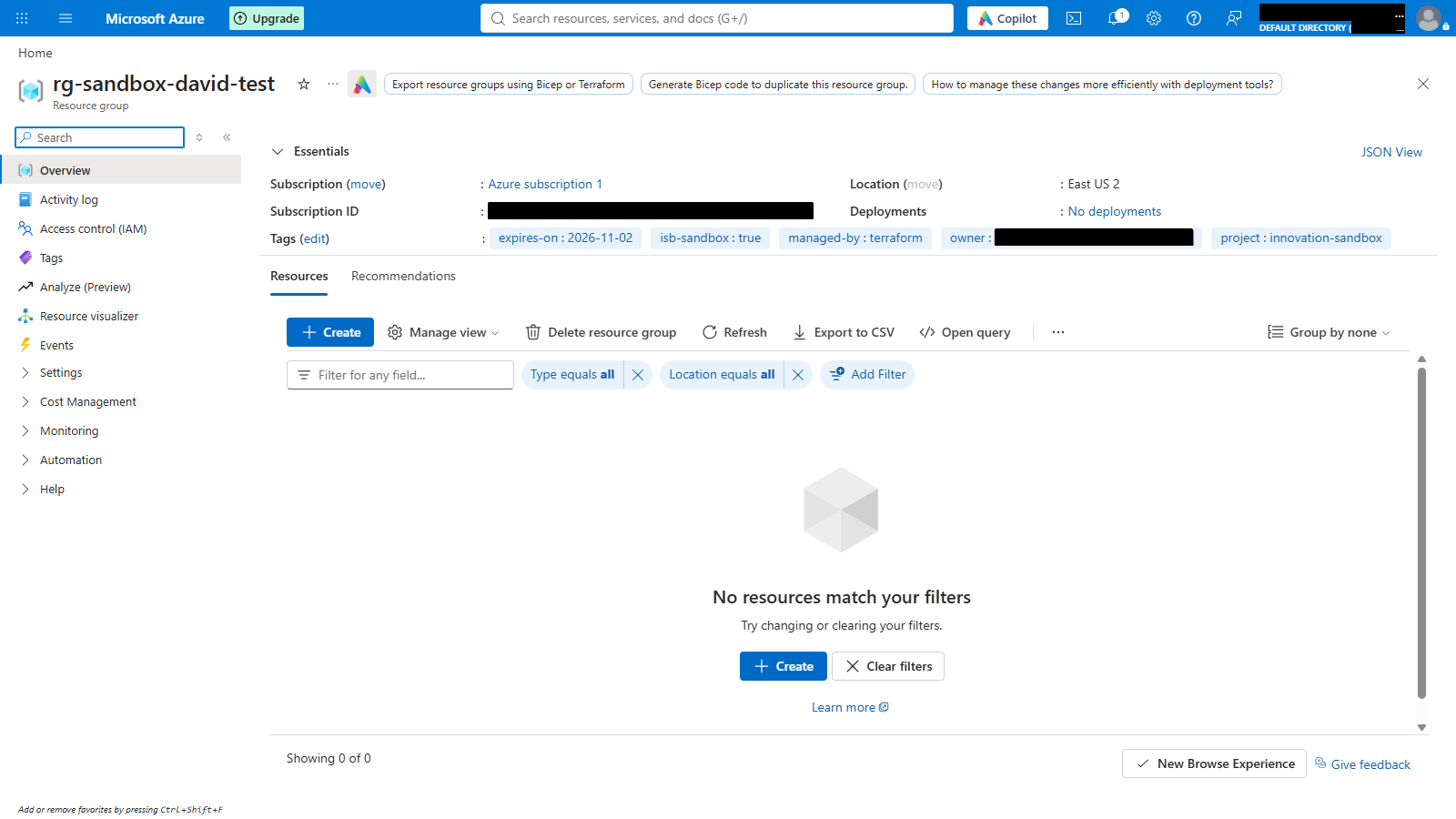 A sandbox resource group with its owner and expires-on tags. The subscription ID and owner email are blacked out.