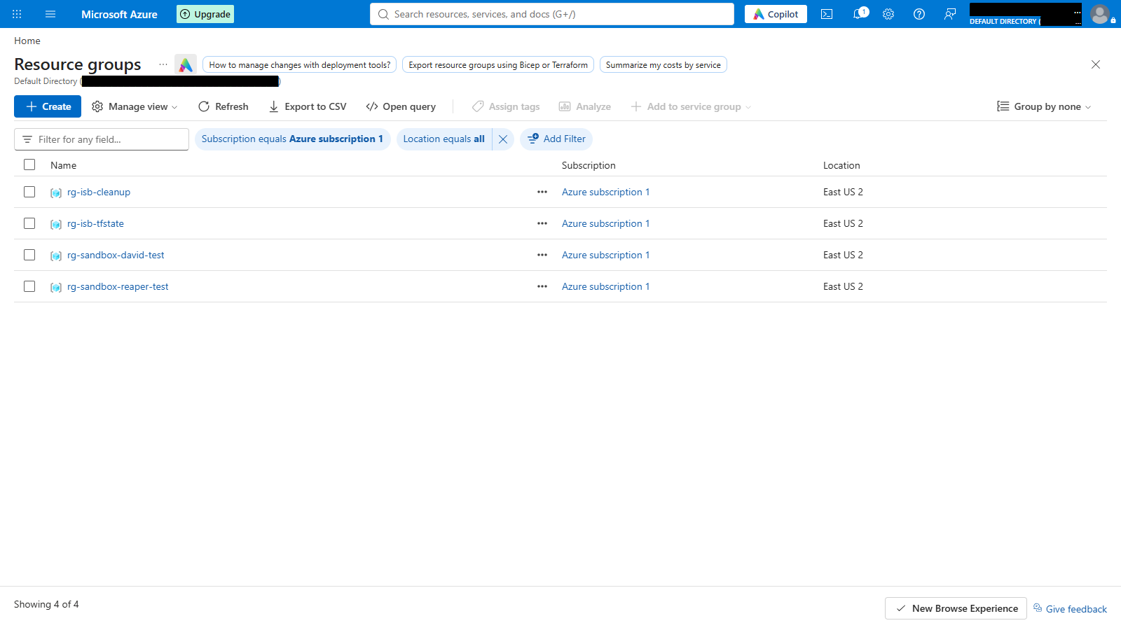 Before: four resource groups, including the expired throwaway sandbox