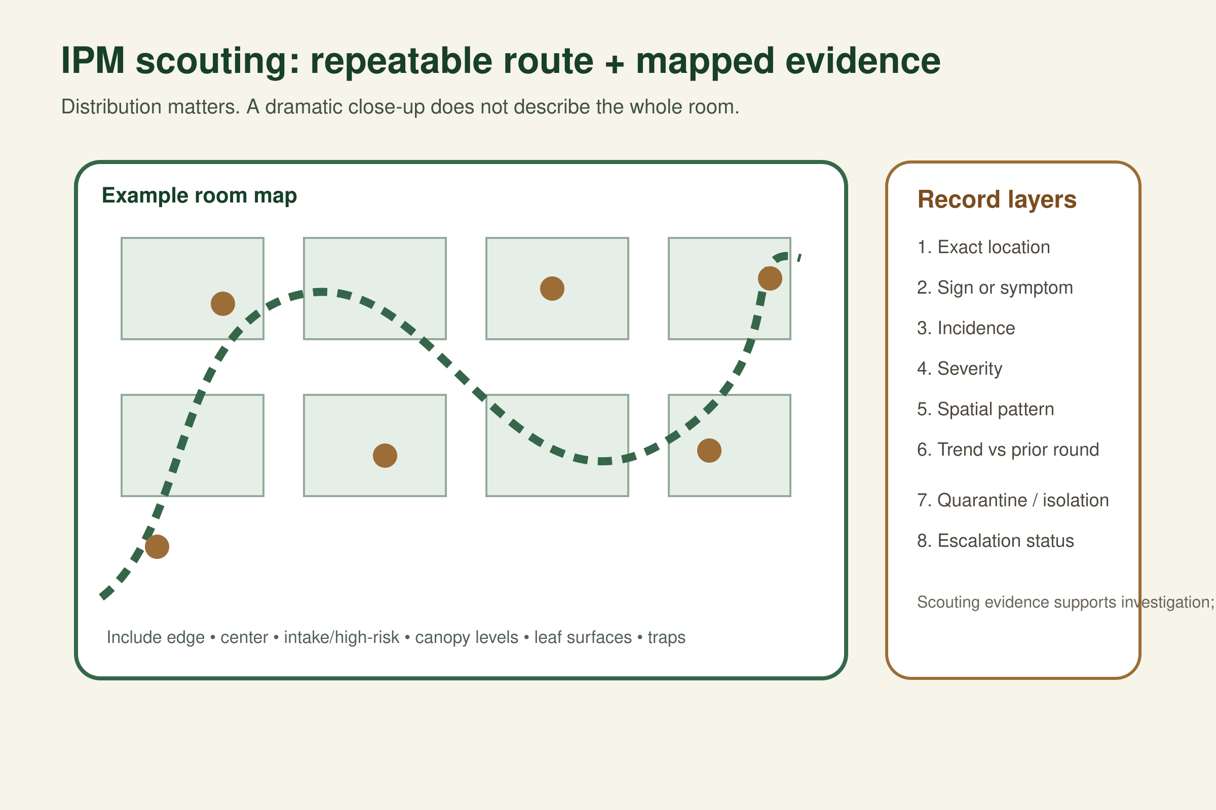 Room-map diagram showing a repeatable scouting route through representative edge, center and high-risk locations with mapped observation points and evidence layers.