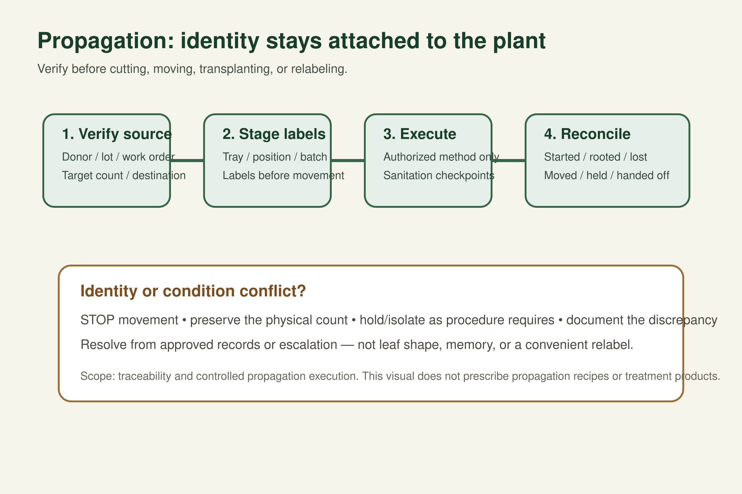 Workflow from verified donor and work-order identity through staged labels, authorized propagation, count reconciliation and a stop-and-hold response for identity conflicts.