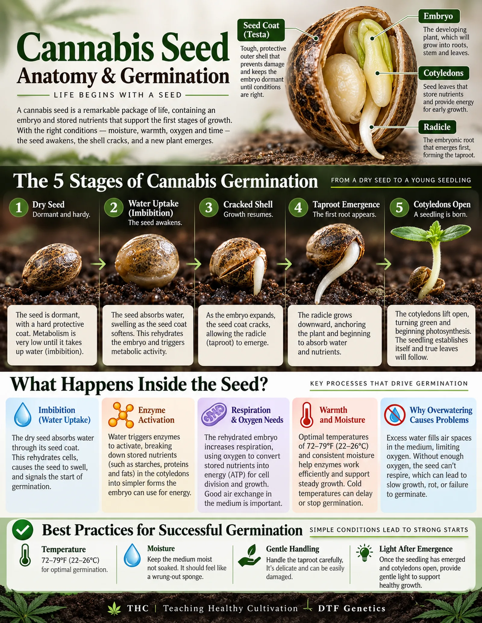 Educational cannabis seed cutaway and germination sequence identifying seed coat, embryo, cotyledons and radicle, followed by water uptake, radicle emergence and early seedling establishment.
