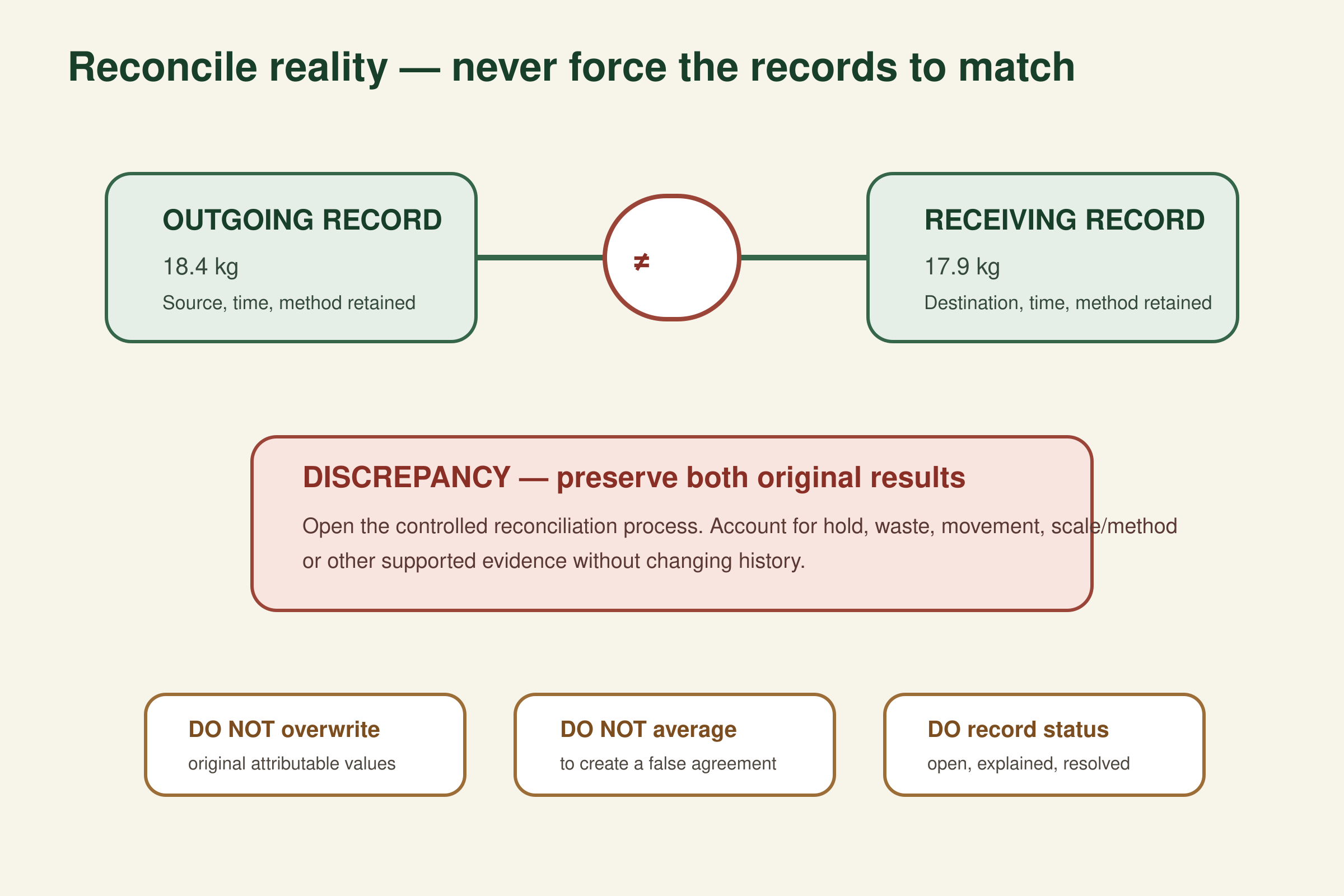 Outgoing and receiving quantities are compared; when they differ, both original attributable values are preserved and the mismatch enters a controlled discrepancy process rather than being overwritten or averaged.