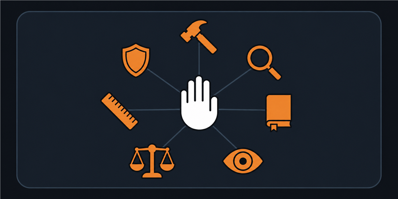 Claude Code Harness Toolbox: one steady hand at the center, linked to seven tool symbols for the toolbox's complementary skills