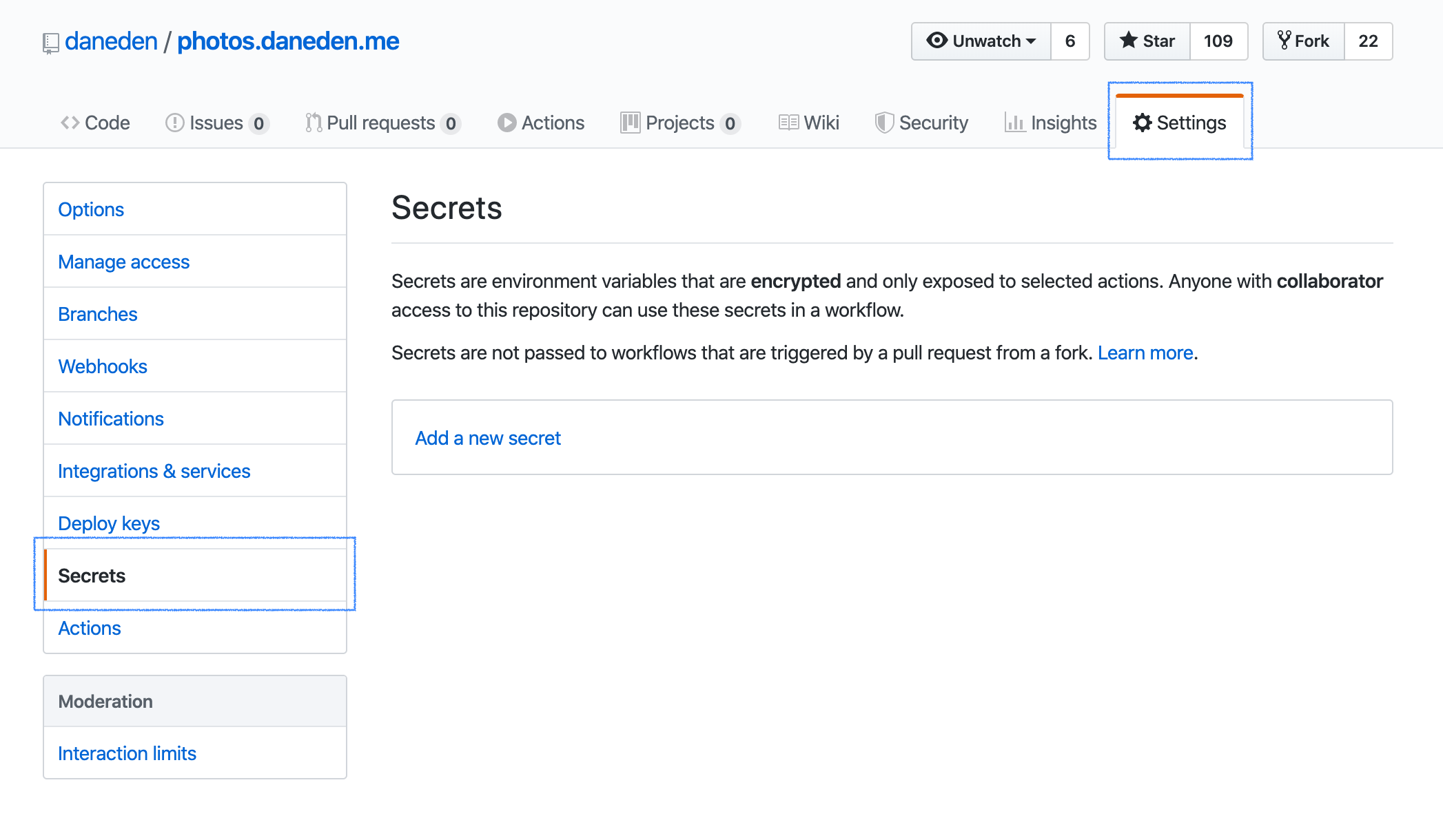 Screenshot of a repository’s “Secrets” page, inside the Settings tab.