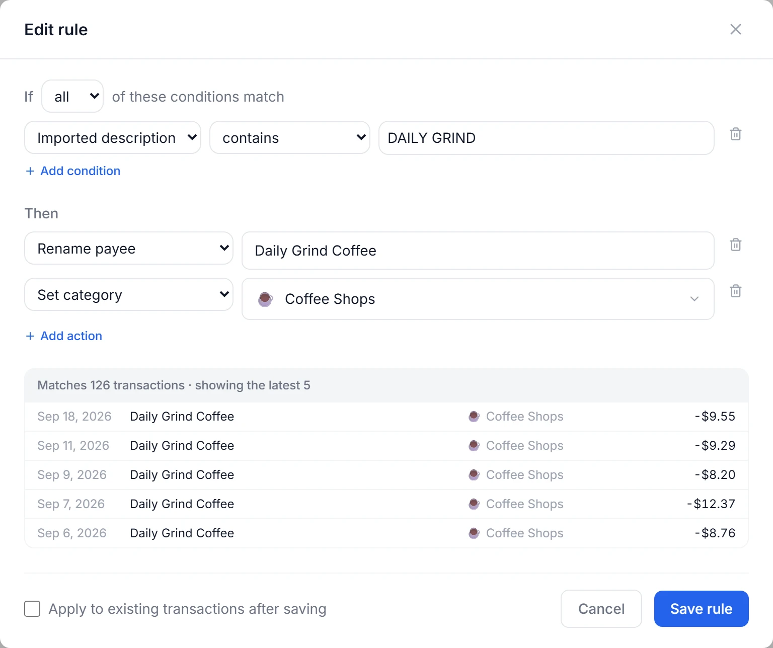 Editing a rule, with the transactions it matches