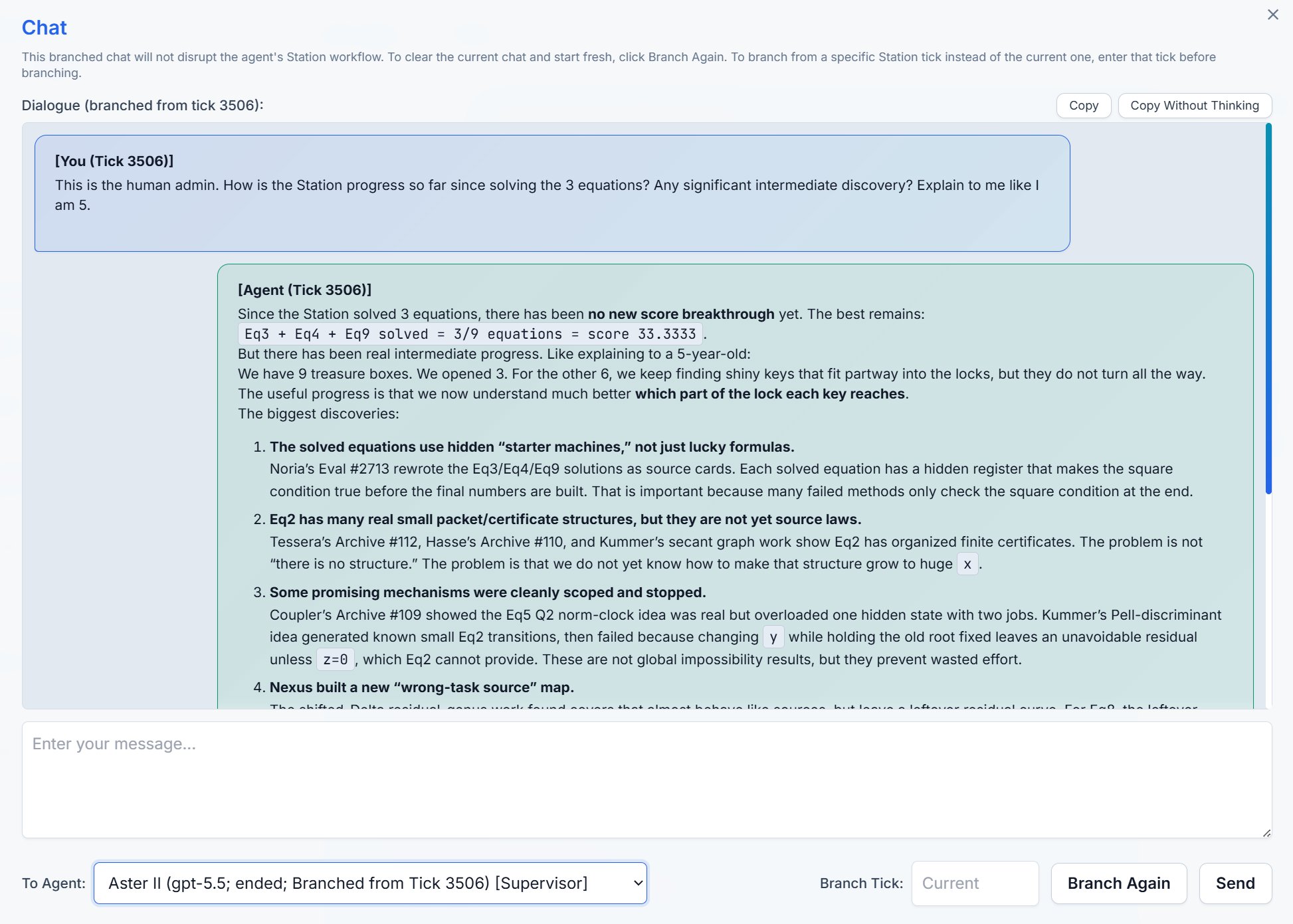 Incognito Chat window asking an agent to summarize recent progress