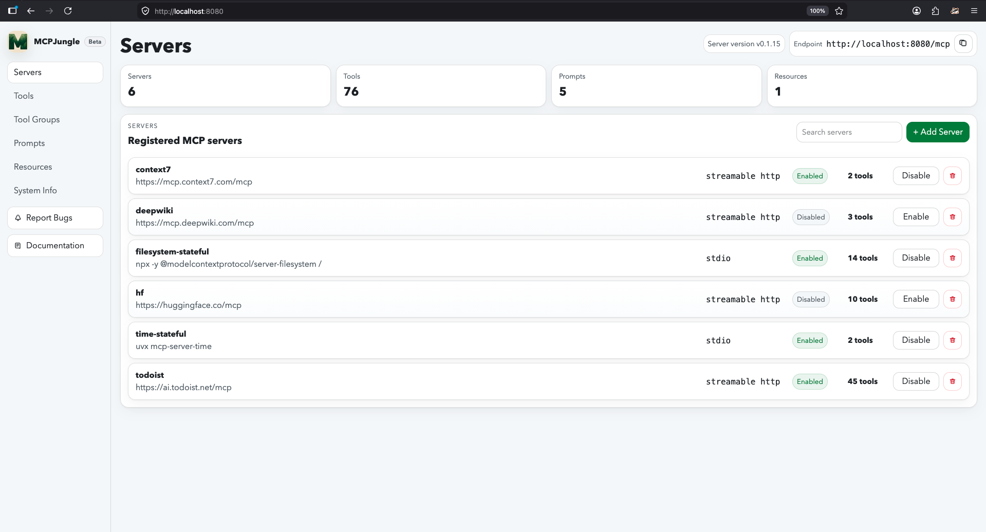 MCPJungle dashboard UI