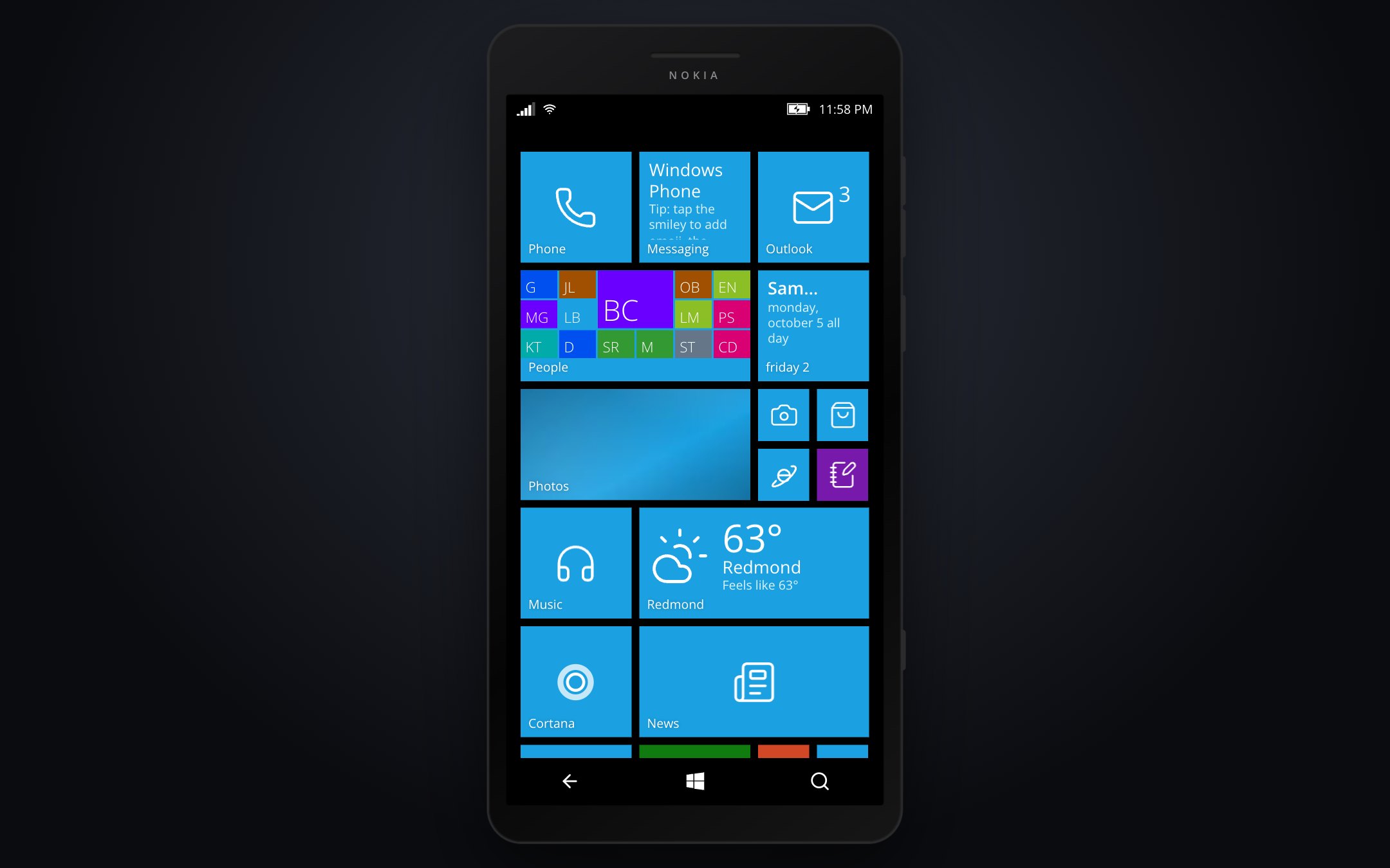 The simulator on desktop, inside a Lumia-style frame