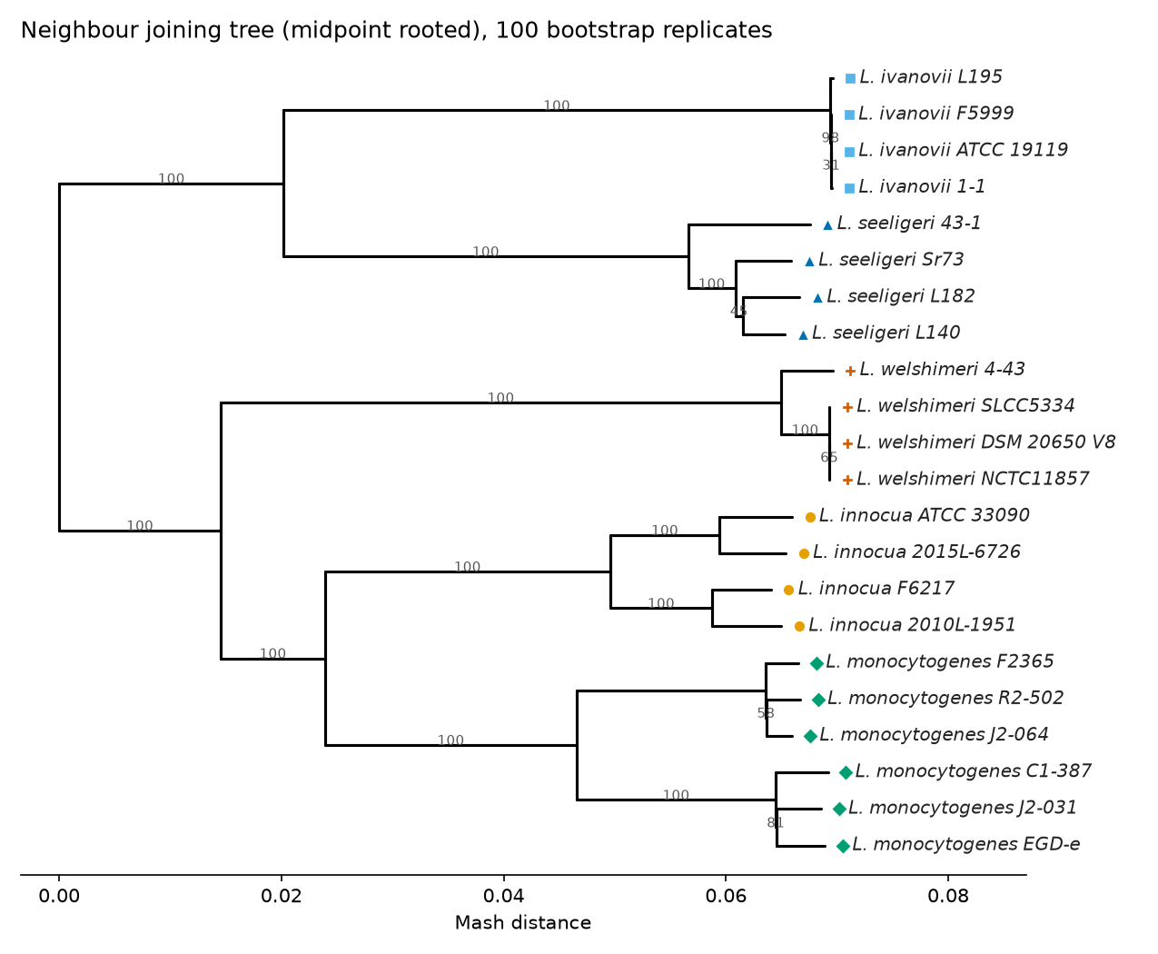 Neighbour joining tree with bootstrap support