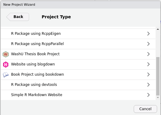 Screenshot of RStudio's project wizard