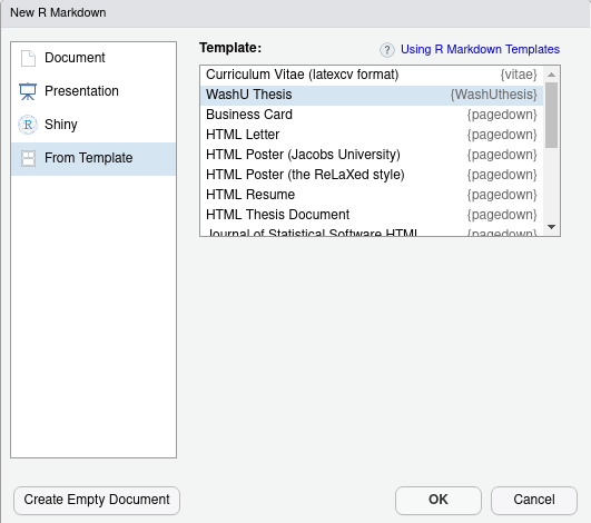 Screenshot of RStudio's R Markdown template selector