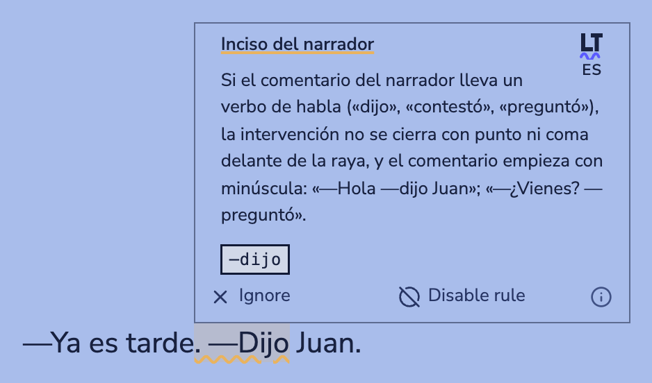 The suggestions for a line of dialogue: an explanation of the rule, the fix «—dijo», and the LanguageTool mark with ES in the corner