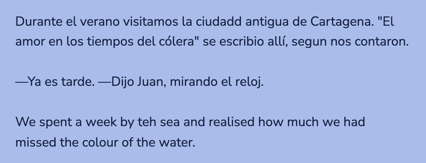 A note in Spanish and English: misspellings underlined in red, a quotation in purple and dialogue punctuation in yellow