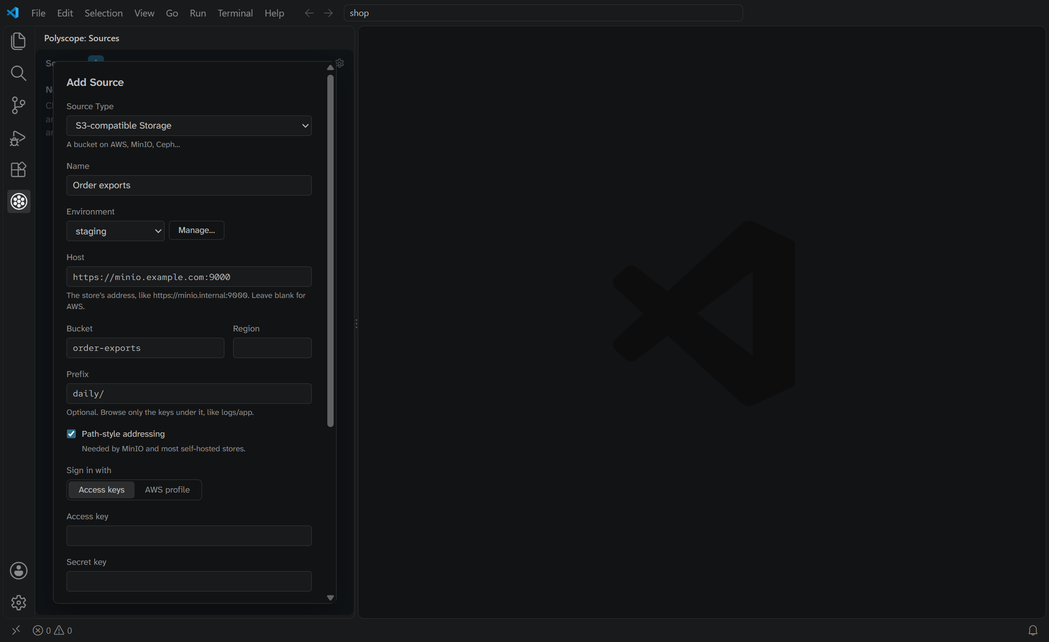 The Add Source dialog in the Polyscope sidebar, for an S3 bucket