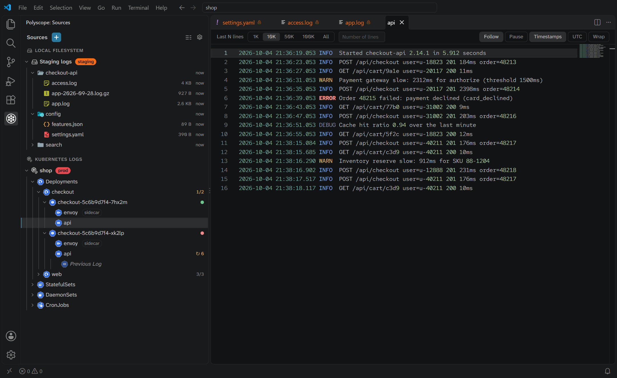 The Polyscope sidebar in VS Code, following a container's log in a Kubernetes namespace